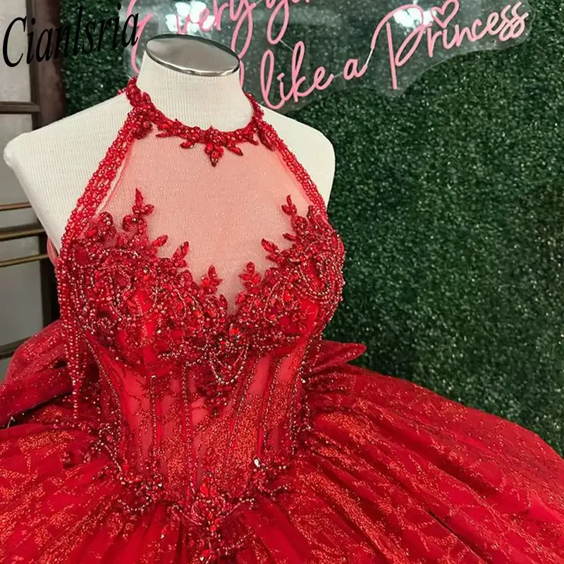 Vermelho halter beading borla quinceanera vestidos de baile sleepveless glitter cristal personalizado espartilho vestidos de xv anos