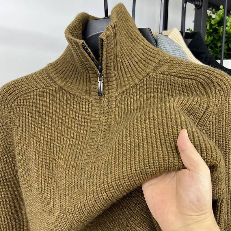 

Men's Solid Casual Slim Fit Base Layer Thick Turn-Up High Neck Half Zip Knit Sweater Autumn Winter Tops