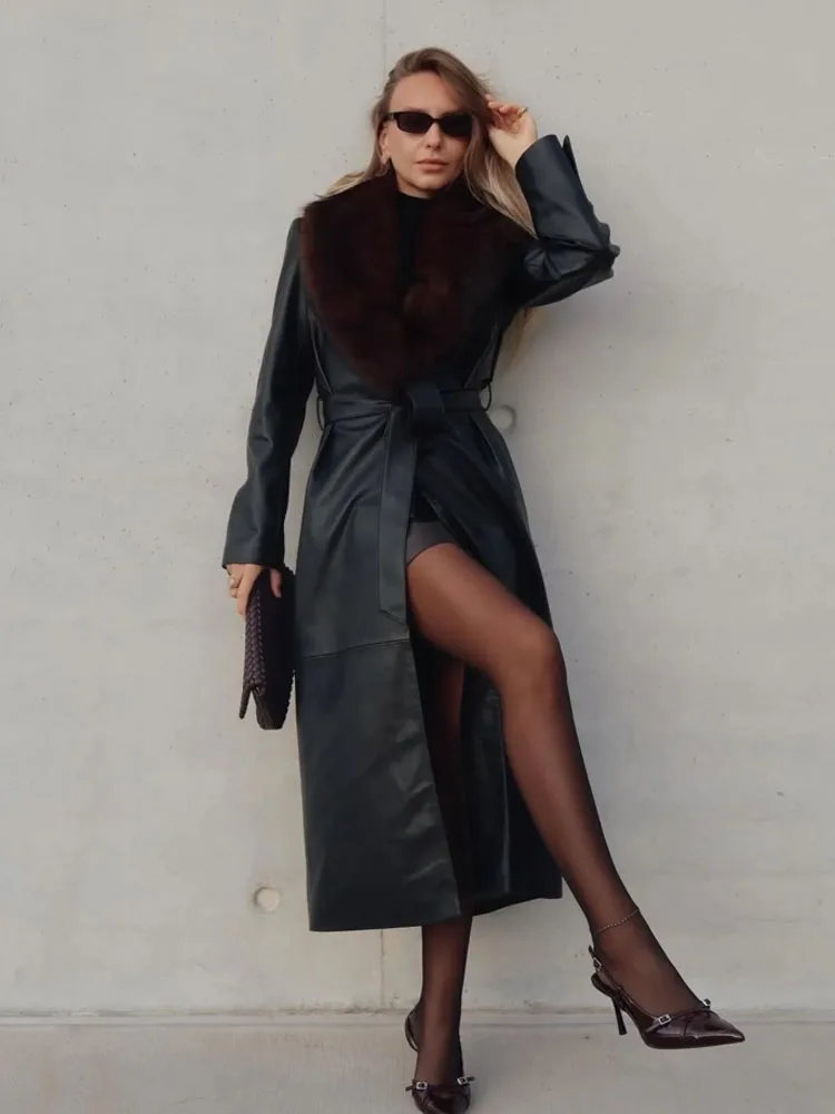 HH Women Winter Coat Fur Turn-Down Collar Long Sleeves Lace-Up Decoration Single Breasted Loose Jackets Female Chic Warm Jackets