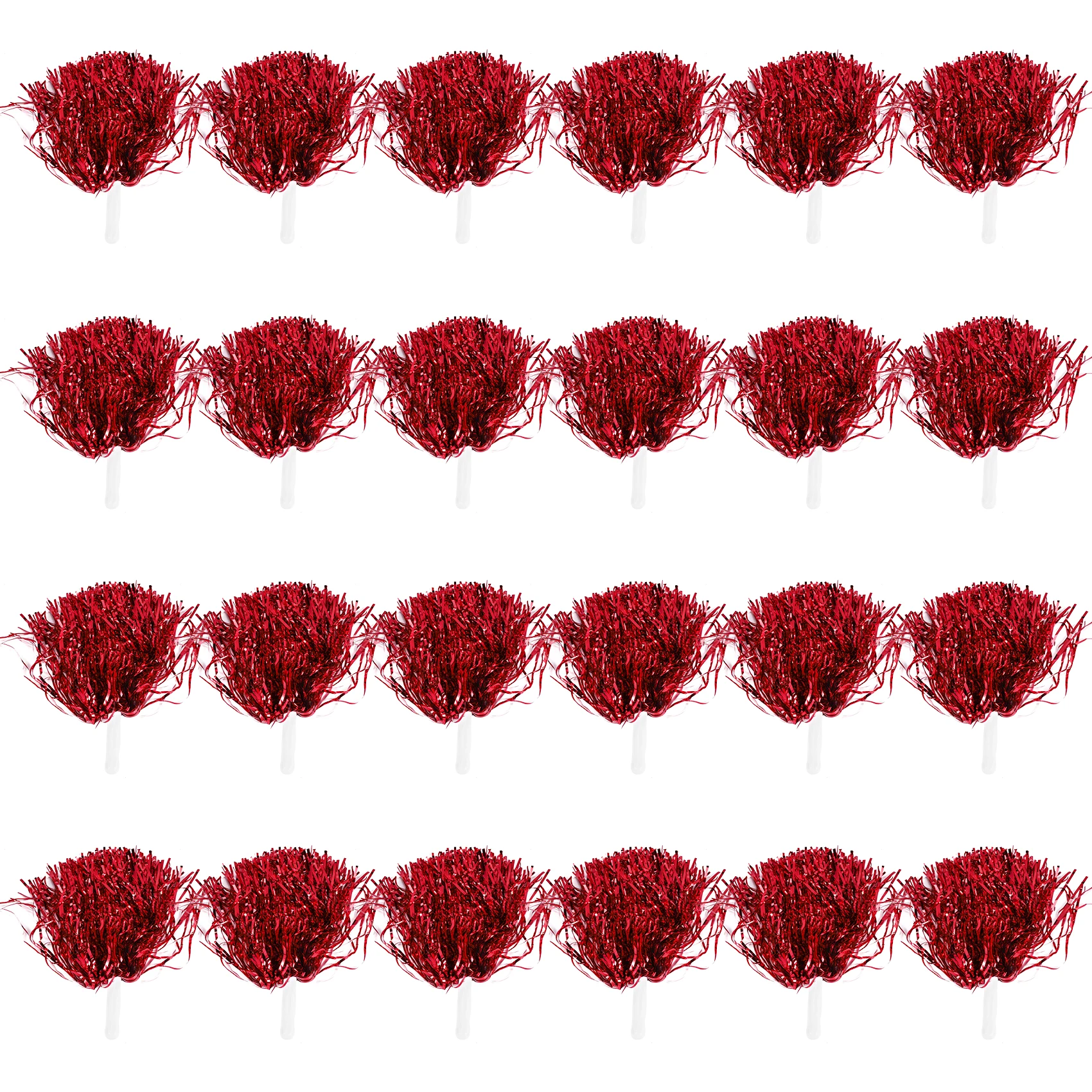 24Pcs Cheerleading Pom Poms Metallic Foil Cheer Pom Poms with Plastic Handle for Adults Kids Cheerleaders Party Red