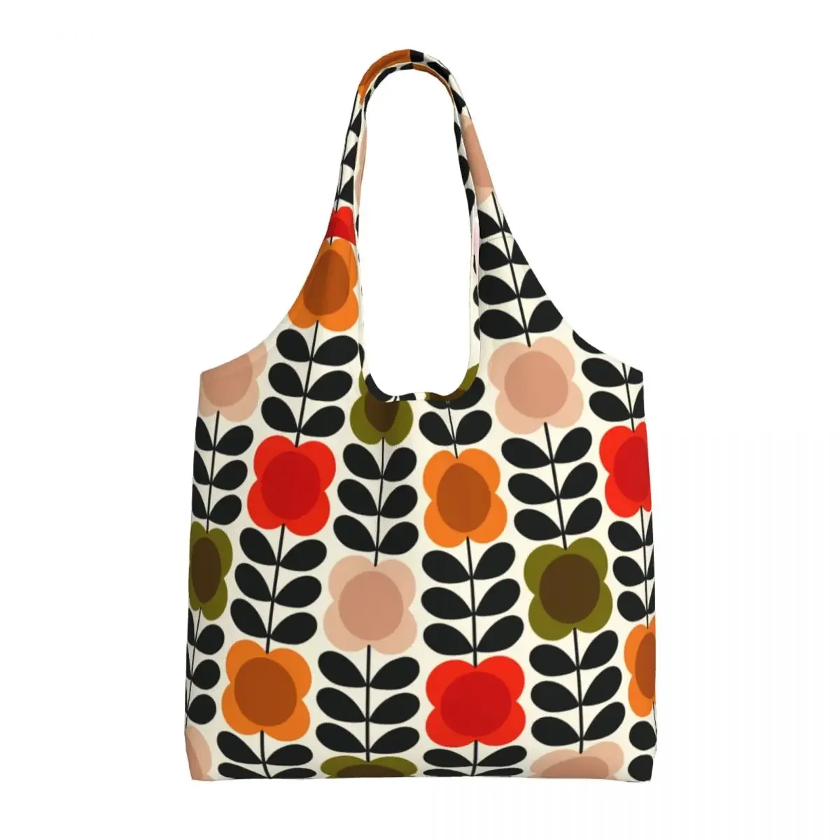 Custom Orla Kiely Spot Flower Stem Tomato Pink Groceries Shopping Bag Canvas Shopper Shoulder Tote Bag Capacity Portable Handbag