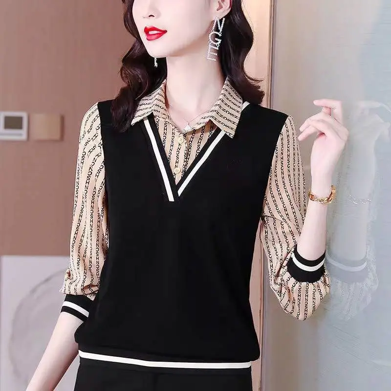 New Women\'s Clothing Korean Fashion Letter Print Patchwork Blouse Spring Autumn Lapel Long Sleeve Shirt Elegant Slim Ladies Tops