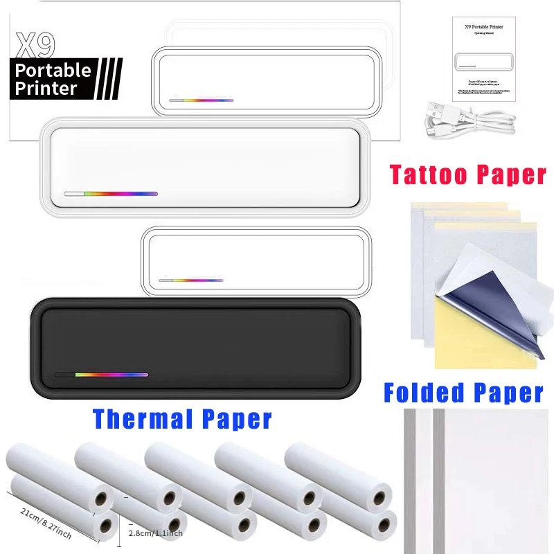 

A4 Printer Wireless X9 Printer 2500mAh Tattoo/Fold/Thermal Paper for Mobile Phone/PC Office Home Text Photo Inkless Printer