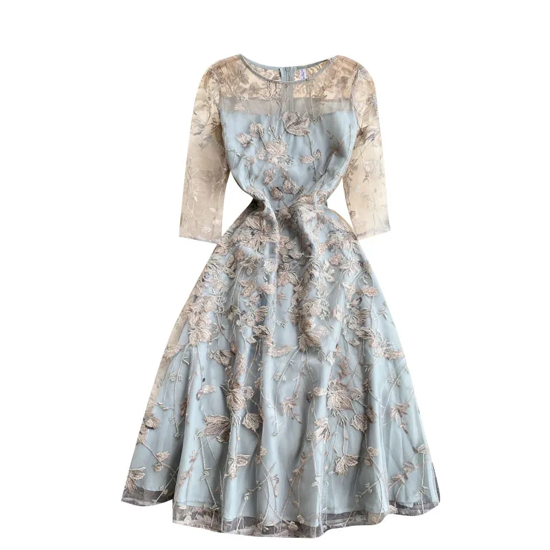 우아한 자수 네트 가운 드레스 한국 스타일 라운드 넥 하이 웨이스트 A라인 스커트 젊은 여성 여름 패션 드레스