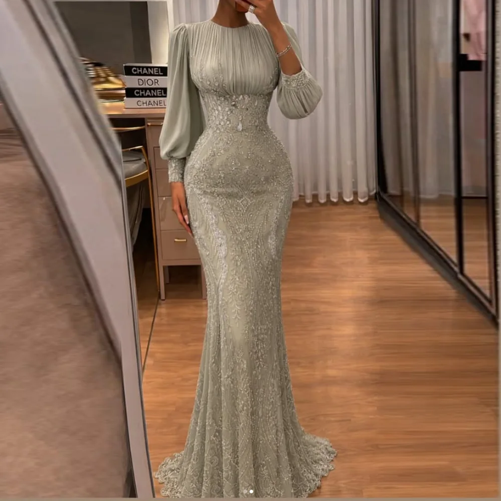 Maßgeschneiderte muslimische Chiffon-Abendkleider mit O-Ausschnitt und Perlen, Saudi-Arabien, luxuriöses Meerjungfrauen-Partykleid mit langen Ärmeln, Ballkleider, Roben