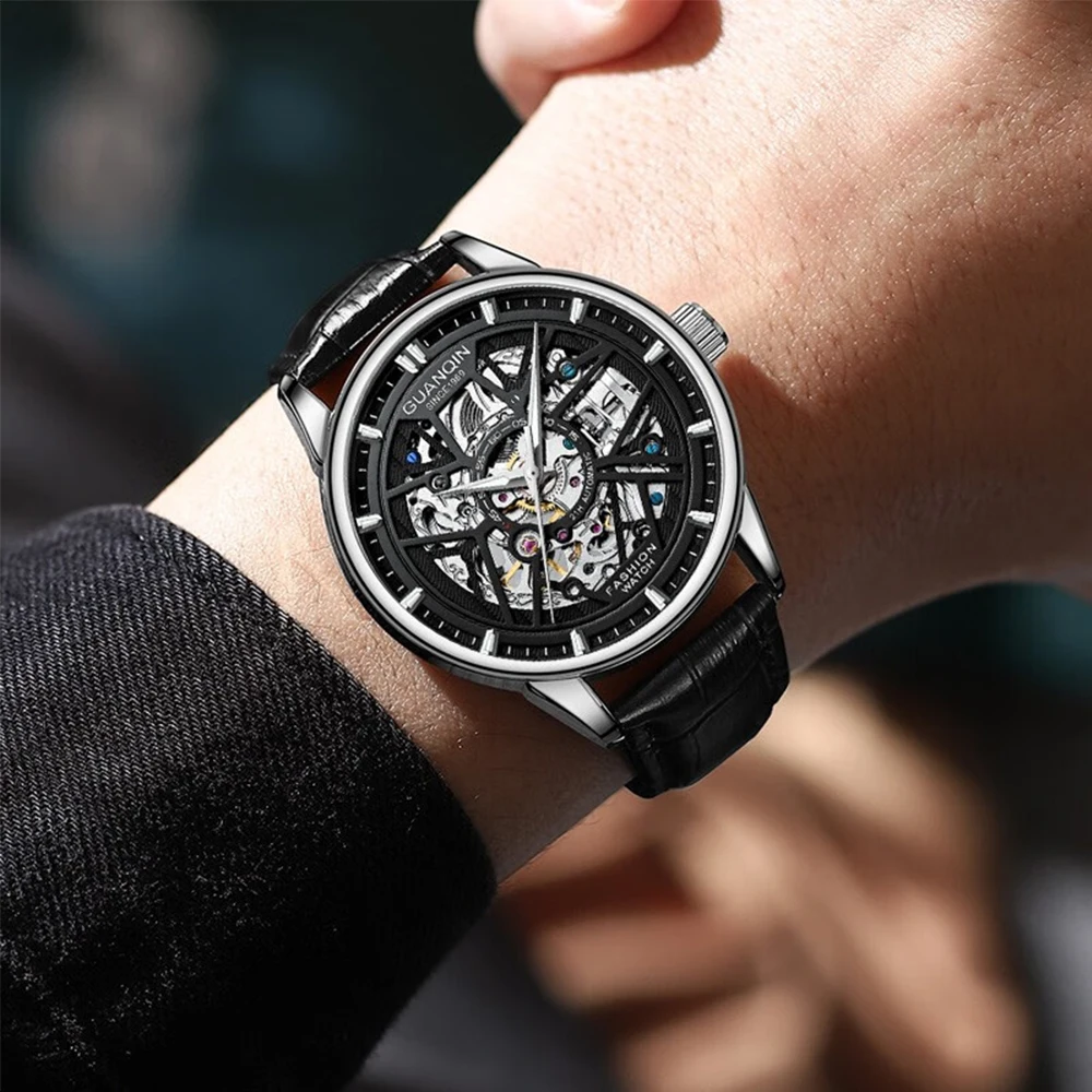 Guanqin Waterproof Luminous Men Watch Wear-resistant Leather Strap Fashion Classic Casual Skeleton Automatic Mechanical Watches