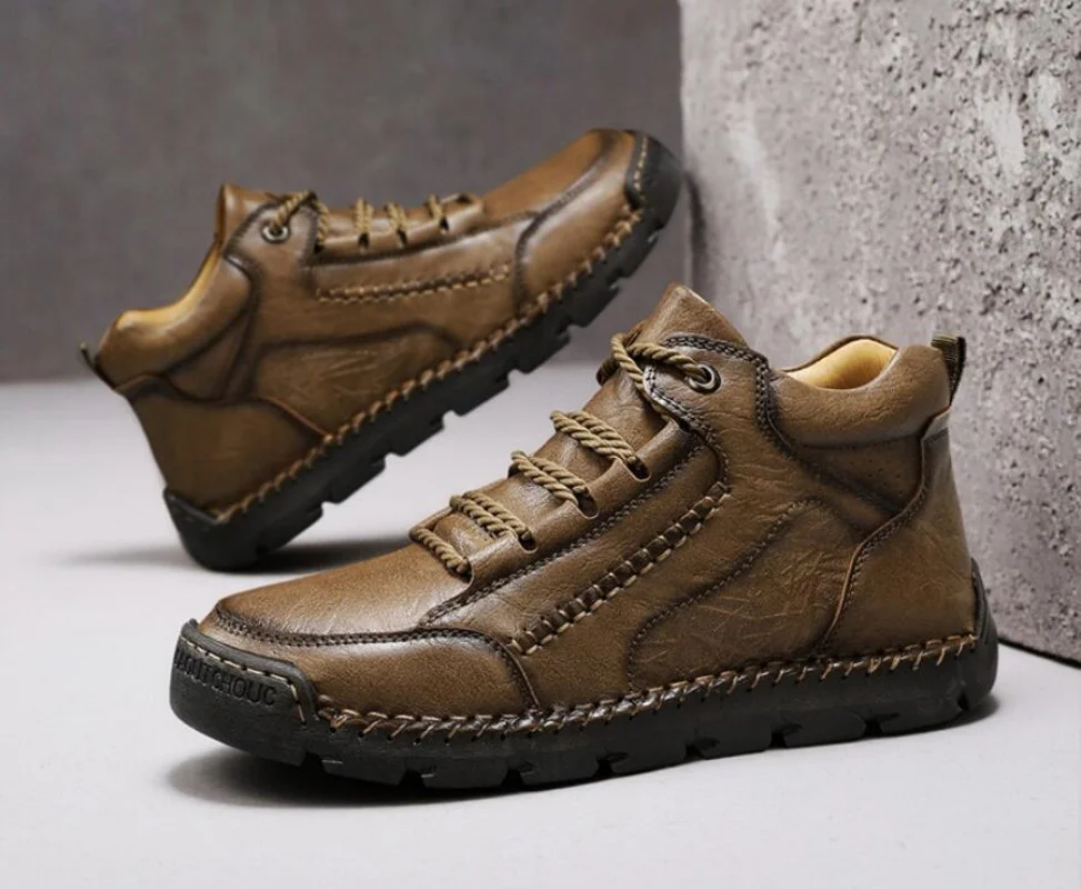 Men's Retro Handmade Mid-Calf Casual Shoes Trail Running Sneakers Simple and Stylish Walking Hiking Boots Autumn Flat Shoes