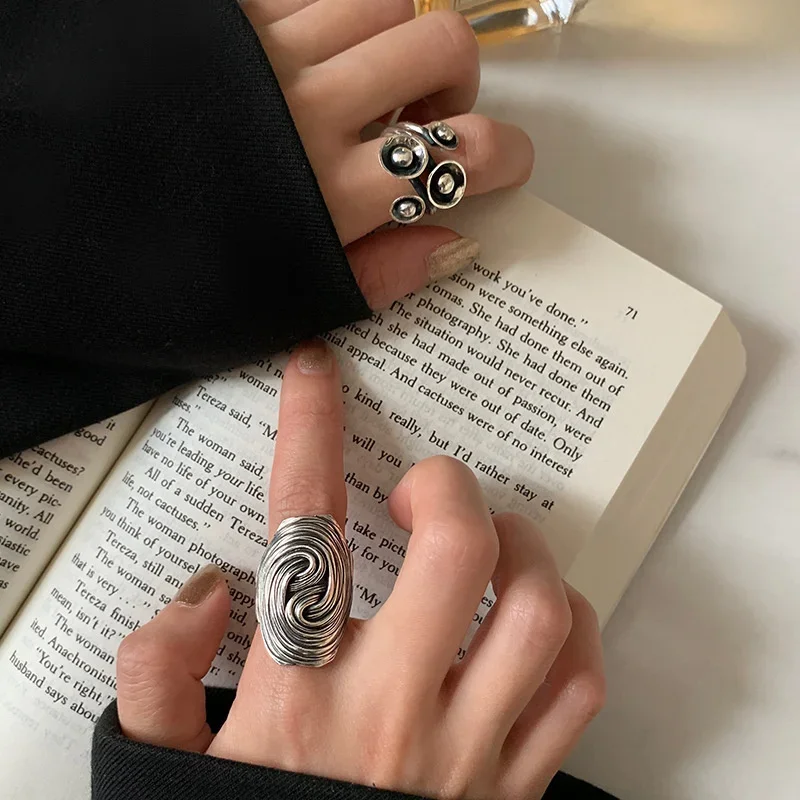 Creative Fashion Versatile Flared Flower Rings, Personality Street Oval Stripe Rings, Hand Accessories