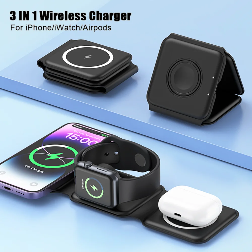 Fast 3 in 1 Magnetic Portable Wireless Charger Pad for iPhone 15 14 13 12 Pro Max Apple Watch AirPods Fast Charging Dock Station