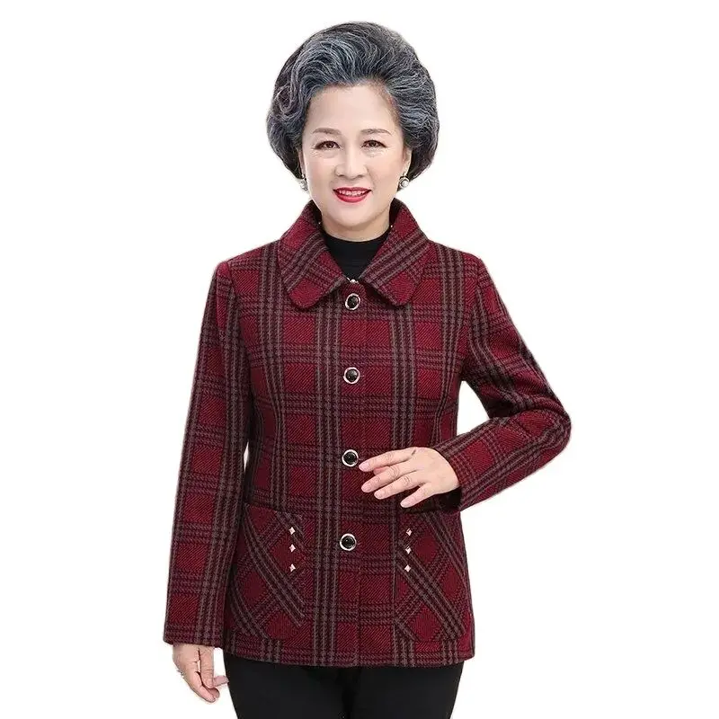 Fashion Red Green Plaid Jacket Middle-Aged Elderly Women Coat 2023 new Short Loose Casual Spring Autumn Woolen Outerwear Tops