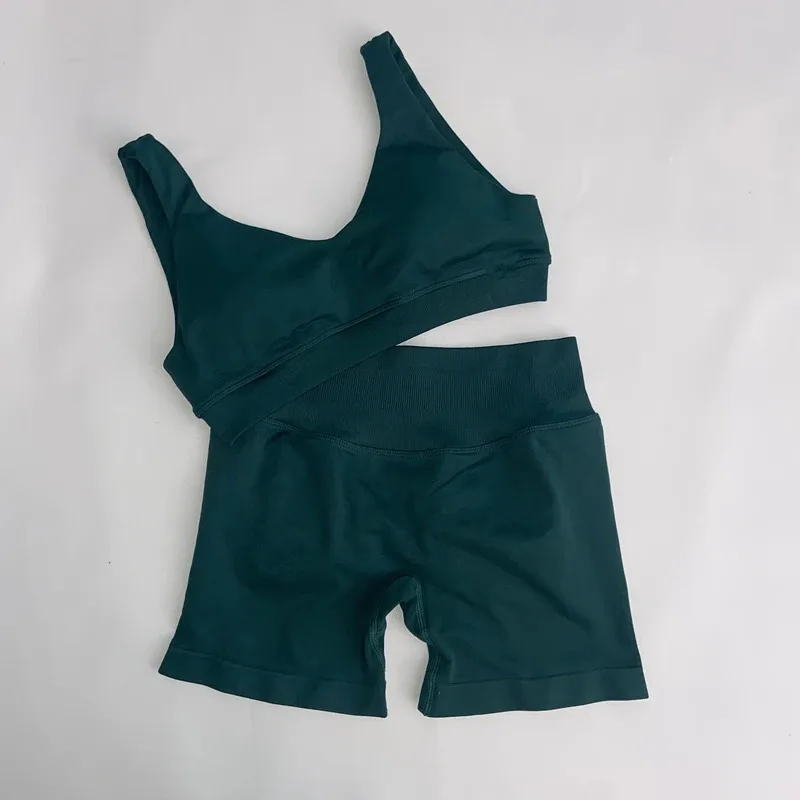 Conjunto curto de sutiã traseiro de impacto feminino ginásio yoga treino fitness ativo wear manga curta camiseta shorts conjuntos