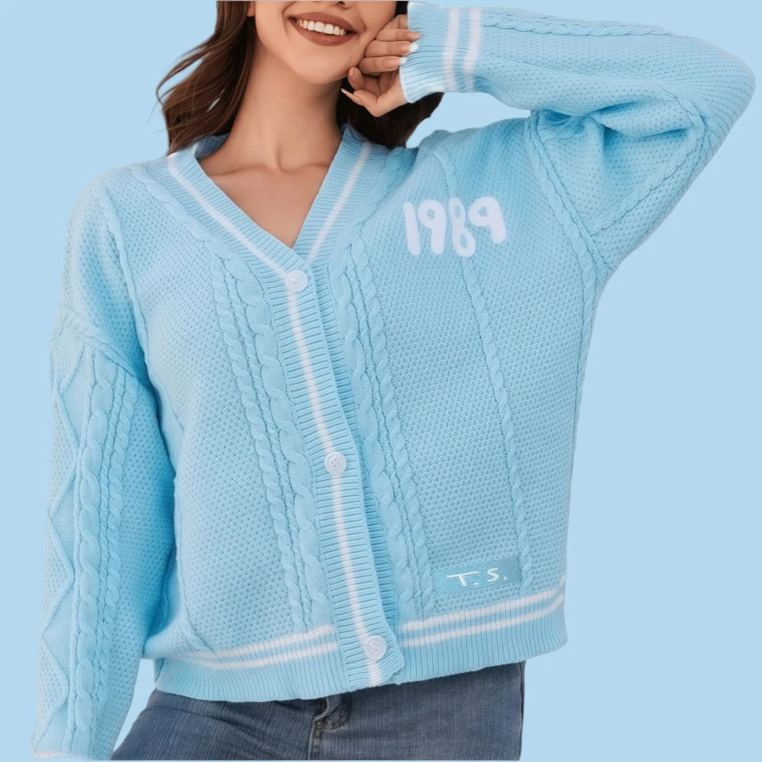 Spring 1989 Seagull Embroidery Blue Cardigan for Women's Special Knitted Cardigan Vintage Y2k Sweater Oversized Cardigan Women