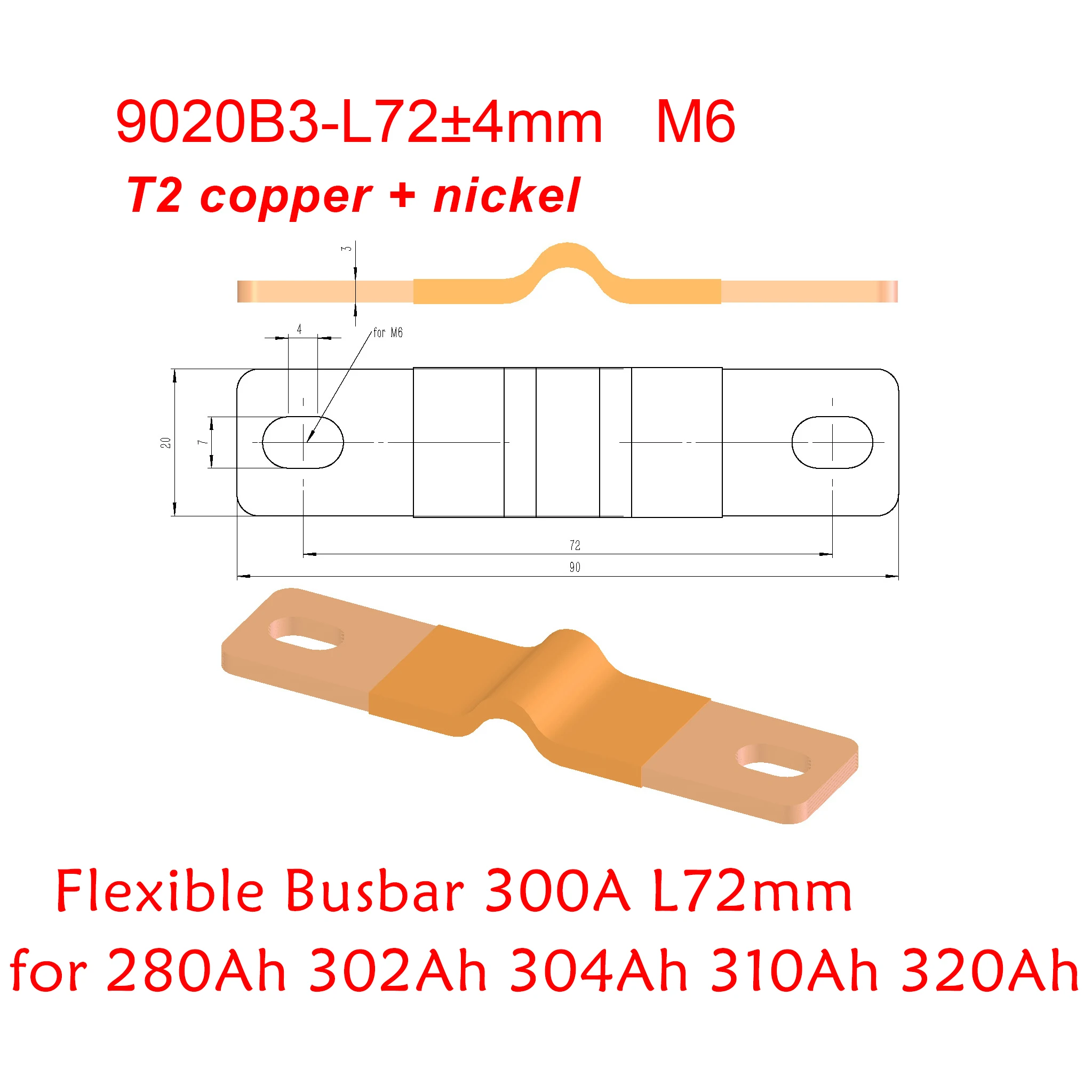 300A Copper Flexible Busbar Interconnect M6 Connectors Lithium 280Ah LiFePO4 Battery Laminated Flat Copper Busbar 200Ah 320AH