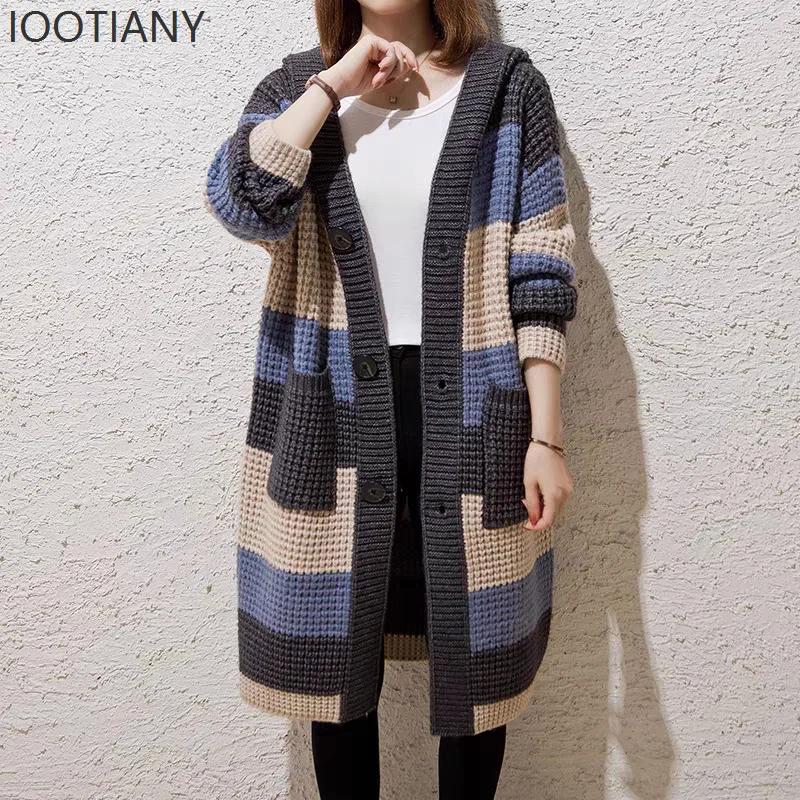 Women's Knitted Hooded Cardigan Coat Casual Loose Fit Soft Polyester Long Sleeve V-neck Button Detail Striped Pattern