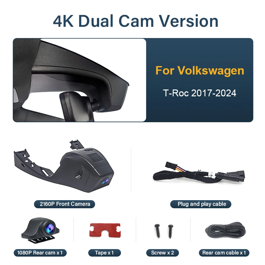 Voor VW Volkswagen T-Roc T Roc Troc 2017-2024, Plug en Play 4K Dashcam Wifi Dash Camera Dash Cam voor Auto Voertuig Video Recorder