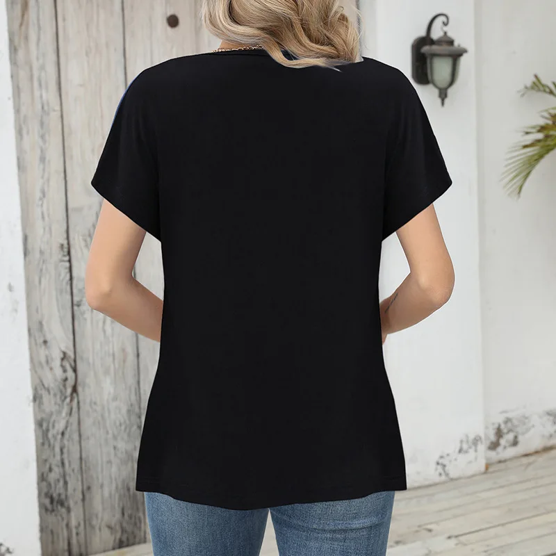 Printed Color Block T-Shirts Women Short Sleeve Casual V-Neck Button Top Elegant Lady Fashion Streetwear Spring Summer Tee Shirt