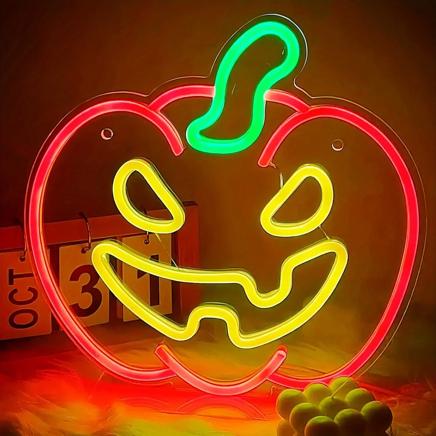 Halloween Pumpkin Neon Sign LED Wall Art Jack O Lantern Green Stem Glow USB Powered Dimmable Acrylic Lamp Spooky Party Decor