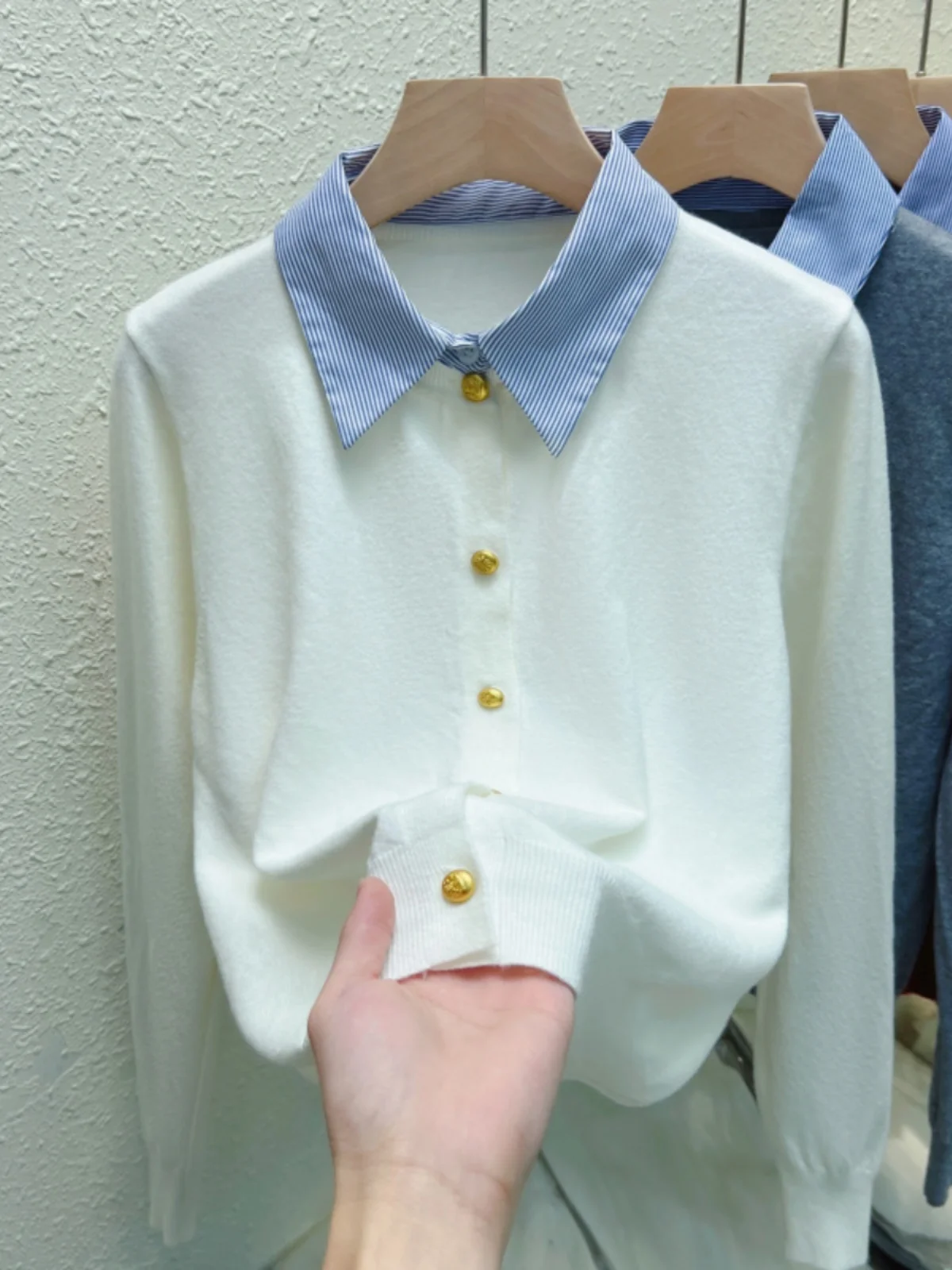 

Весенне-осенний вязаный свитер с длинным рукавом и воротником, женский модный элегантный кардиган с эффектом двухслойности в корейском стиле, стандартный крой