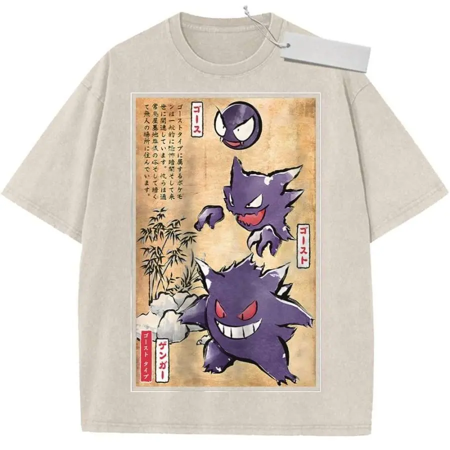Camiseta Gráfica Pokemon Gengar Masculina e Feminina Oversized Vintage Lavada Anime Manga Curta Verão 2026 Streetwear Casual Tops Y2k