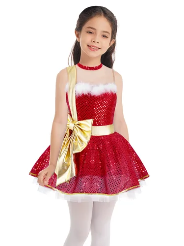 Disfraz de Navidad para niñas, vestido tutú con lazo y lentejuelas brillantes, vestido de Ballet, vestido de Papá Noel para niñas, vestido de patinaje artístico