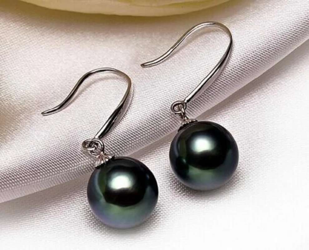 AAAAA LUSTER 10-11mm Authentic Natural Tahitian Black Pearl Earrings in 14k White Gold