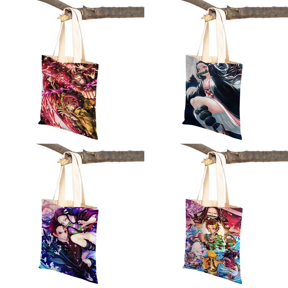 Demon Slayer Lady Shopping Bags Japan Anime Reusable Foldable Eco Canvas Women Shopper Bag Cartoon Travel Tote Handbag