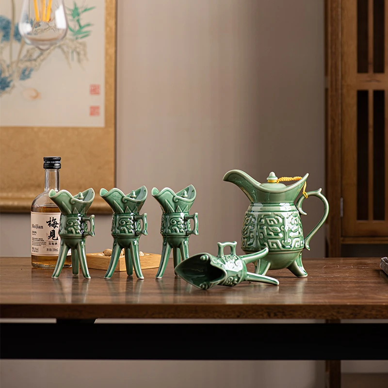 Ceramic wine set, three-legged antique wine jug Baijiu cup, spirits jazz cup, one pot of four cups, gift box, gift giving