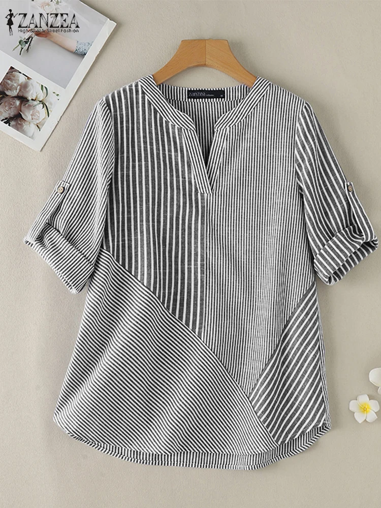 

2024 ZANZEA Elegant Women V Neck 3/4 Sleeve Blouse Autumn OL Work Shirt Fashion Casual Patchwork Blusas Female Work Tunic Tops
