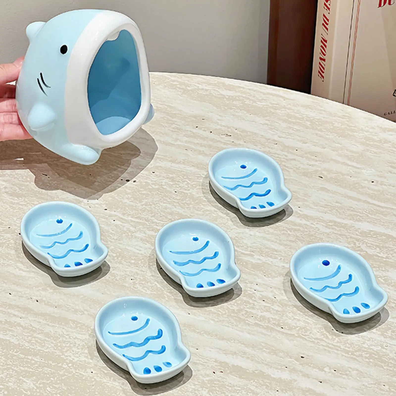 Open-Mouth Shark Holder Dip Bowls for Sushi BBQ Dumpling Snack Soy Sauce Dish 5 Pieces Fish Shape Ceramic Seasoning Plate