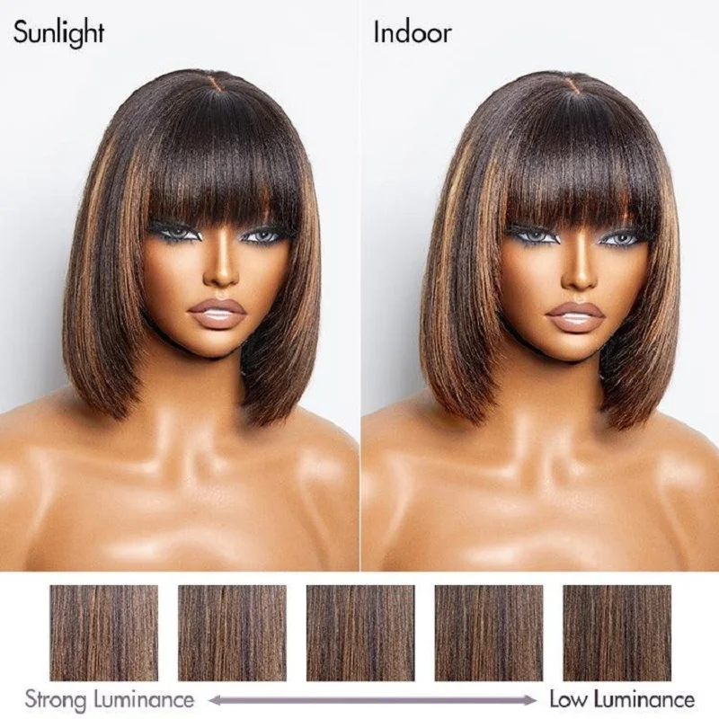 Balayage Highlight YakiตรงBobวิกผมBangsหนังศีรษะจริงกลาง 3X1 ลูกไม้วิกผม 100% ผมมนุษย์Put & Goสั้นBobวิกผม