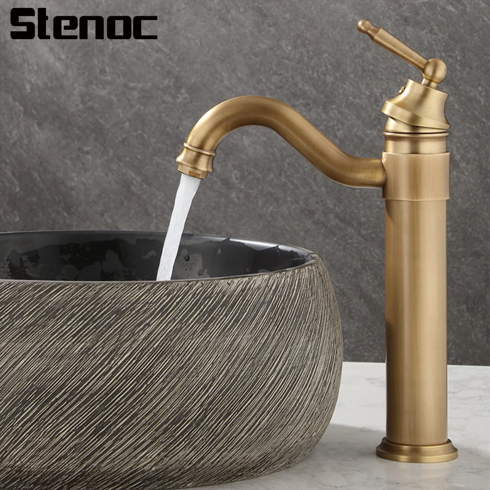 

Винтажный смеситель для раковины в ванную комнату, латунный, для горячей и холодной воды, с одной ручкой, поворотный на 360°, с длинным изливом