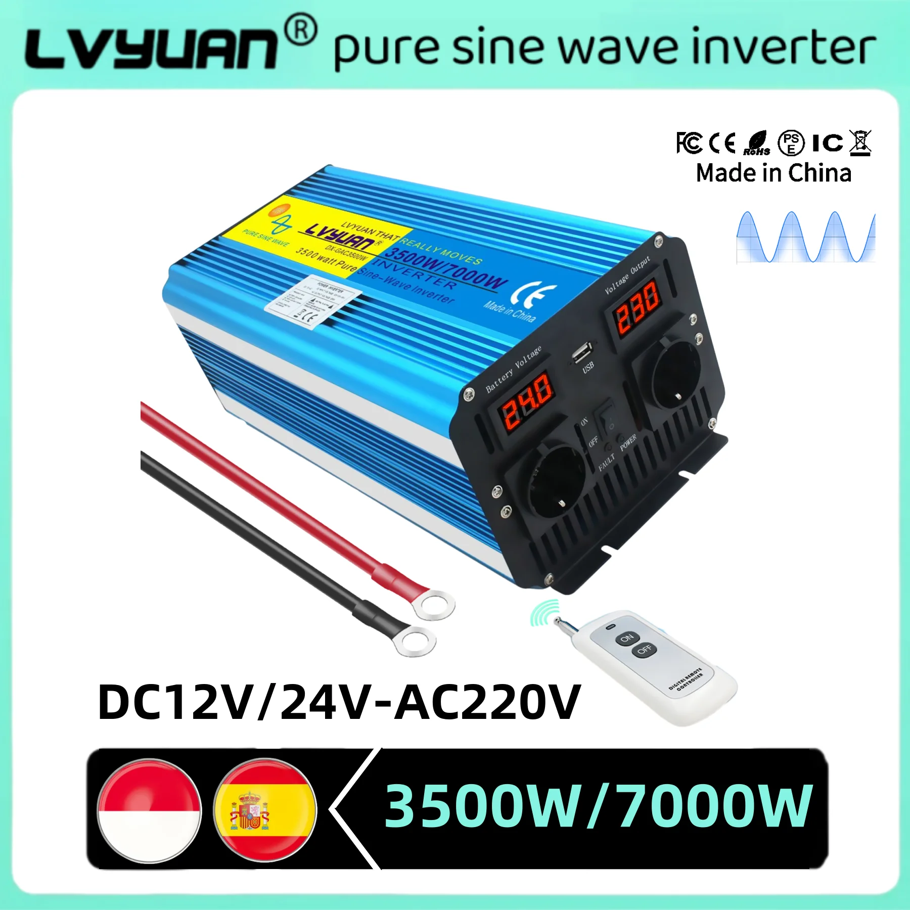 3500W/7000W Inverter Pure Sine Wave DC24V DC12V to AC220V Solar Hybrid Inverter Smart Remote Control Powerful Converter