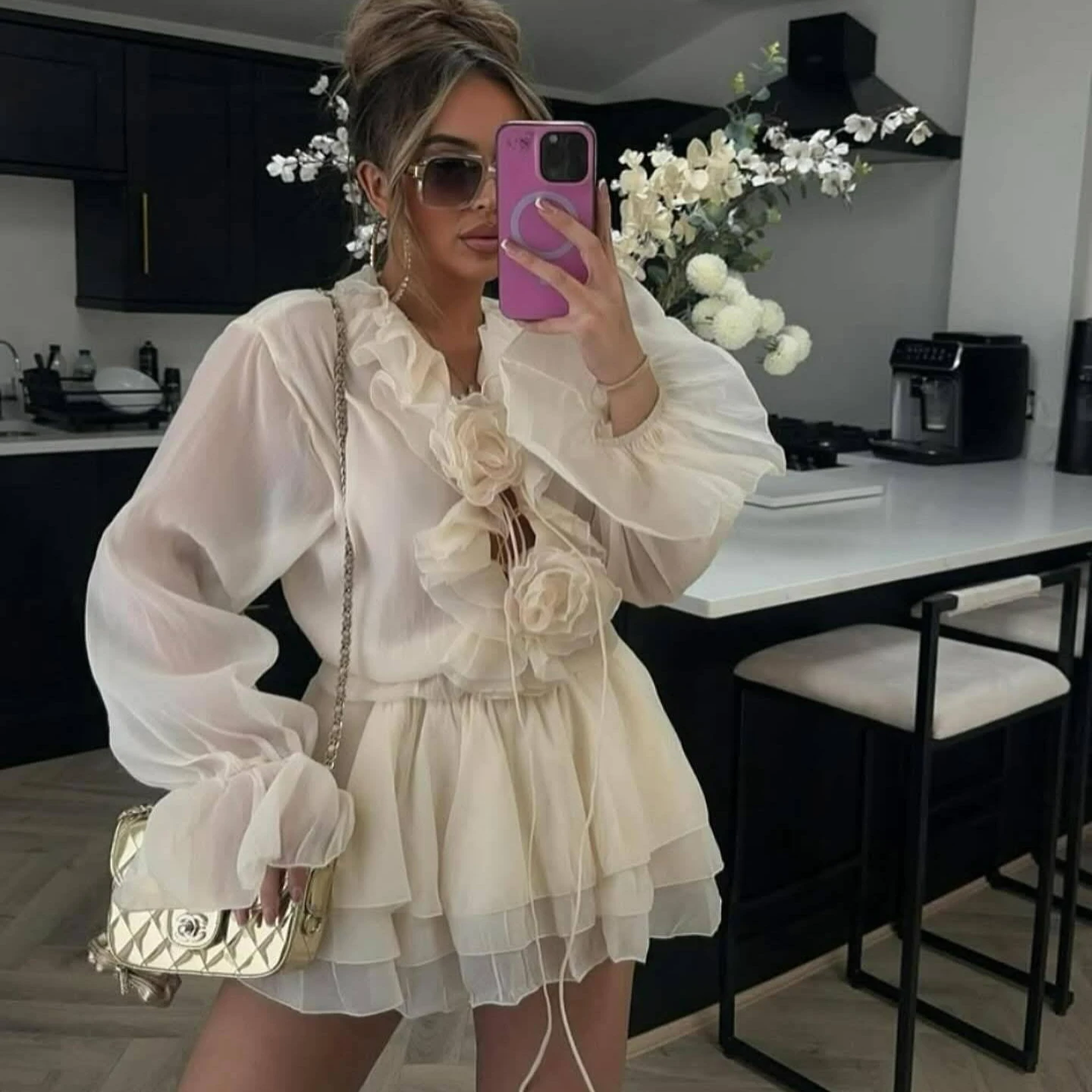 Mini robe d'été à volants abricot pour femmes, élégante, couleur unie, Slim, chemise trapèze, mode, manches longues, robe de plage, vacances, 2025