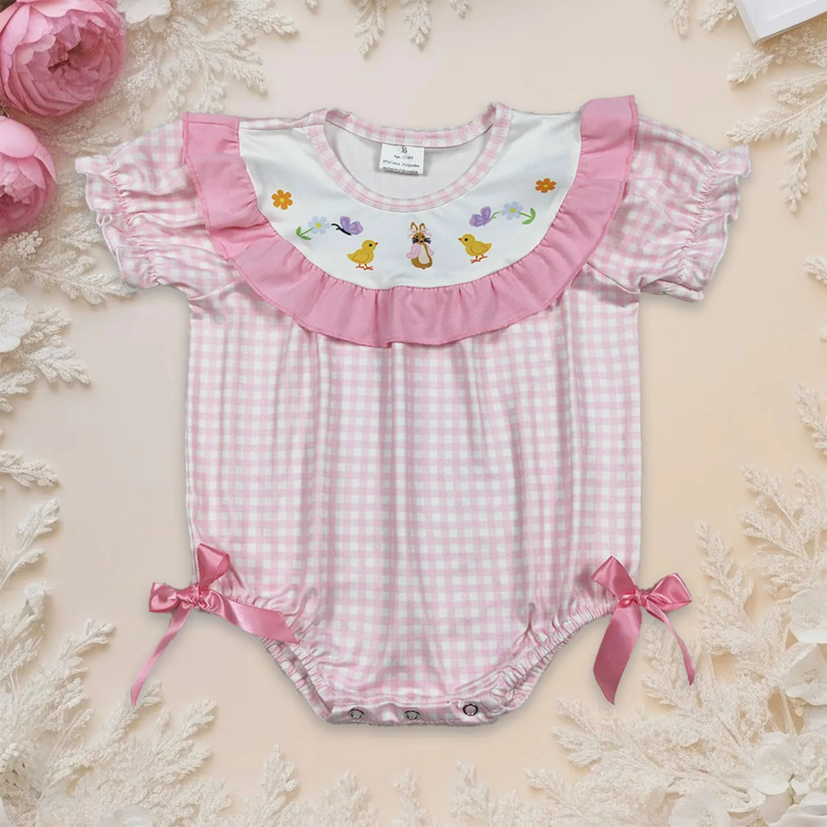 

Newborn Baby Girl Pink Checked Romper Rabbits Chicks Easter Kids Ruffles Bubbles Jumpsuit Toddler Children Clothing Wholesale