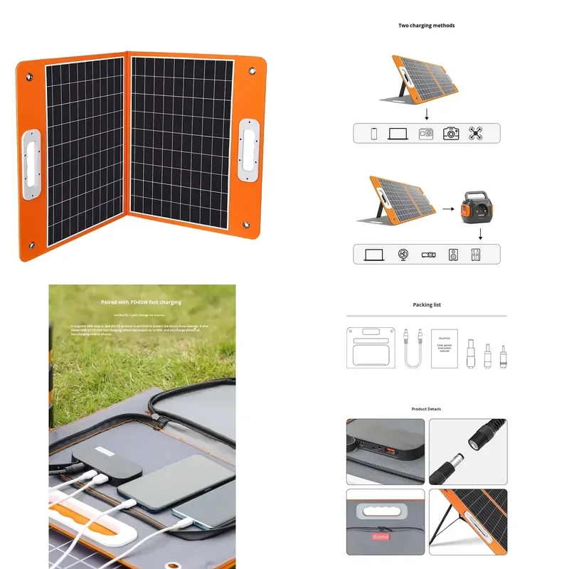 SUNSUN 60W Foldable Solar Panel Black Adjustable Stand 22% Efficiency Non-Slip Base Legs Tool-Free for Camping & Outdoor Use