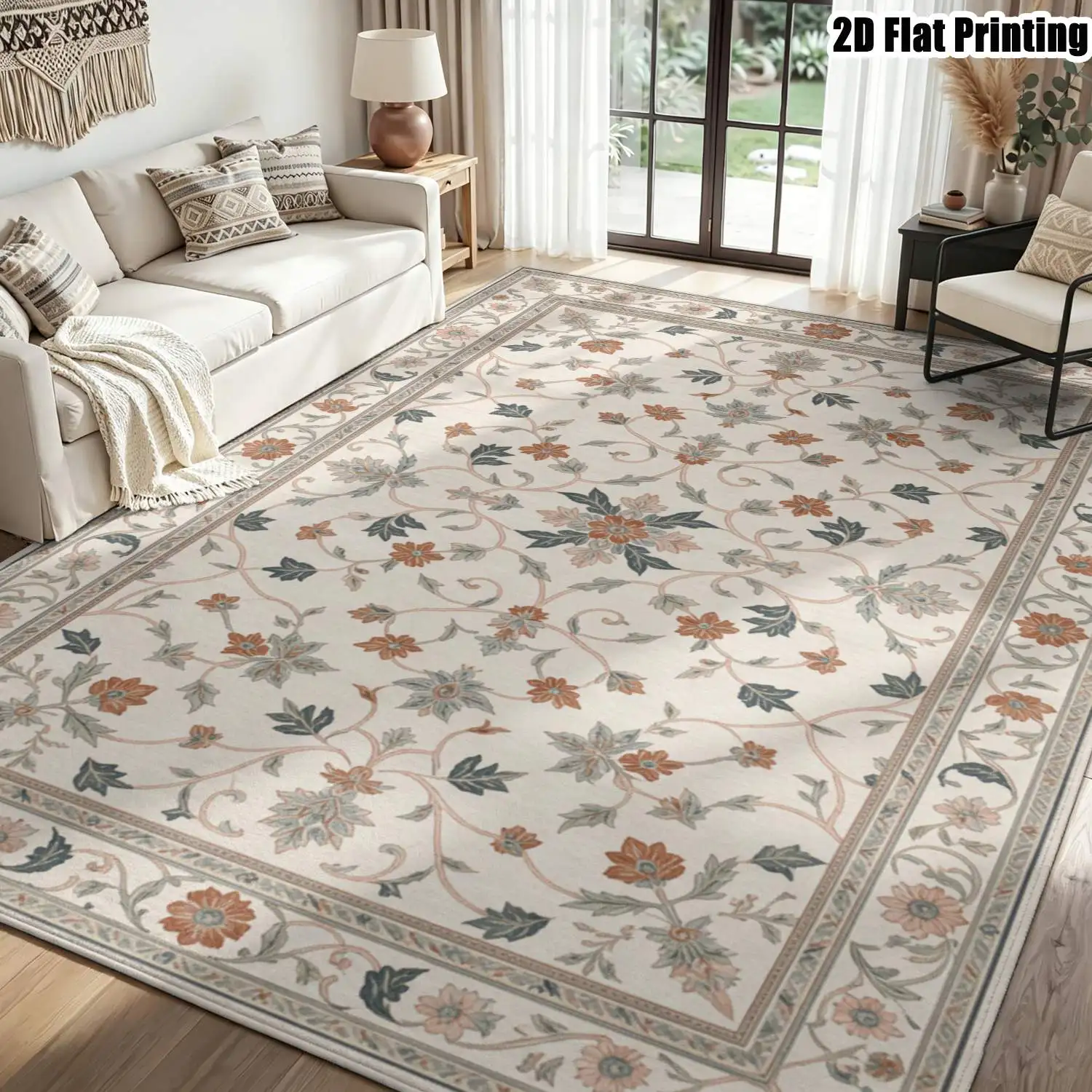 1Pc 2D Printed Carpet: Beige Floral Vine Pattern, European Vintage, Geometric Striped, Bohemian Doormat, Modern Minimalist Home Decor, Multi-Size, Machine Washable, for Entryway, Dining Room, Foyer, Living Room, Bedroom.