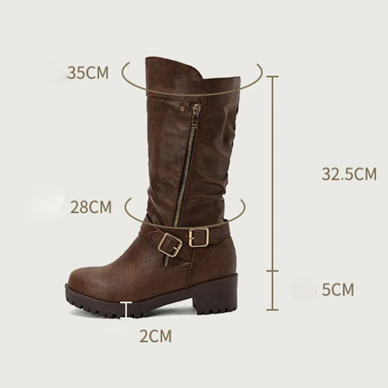 

REAVE CAT 2025 Ретро женские сапоги до середины икры с круглым носком на толстом каблуке 5 см, платформа 2 см, застежка-молния, пряжка ремня, большие размеры 44 45 Daily Bota