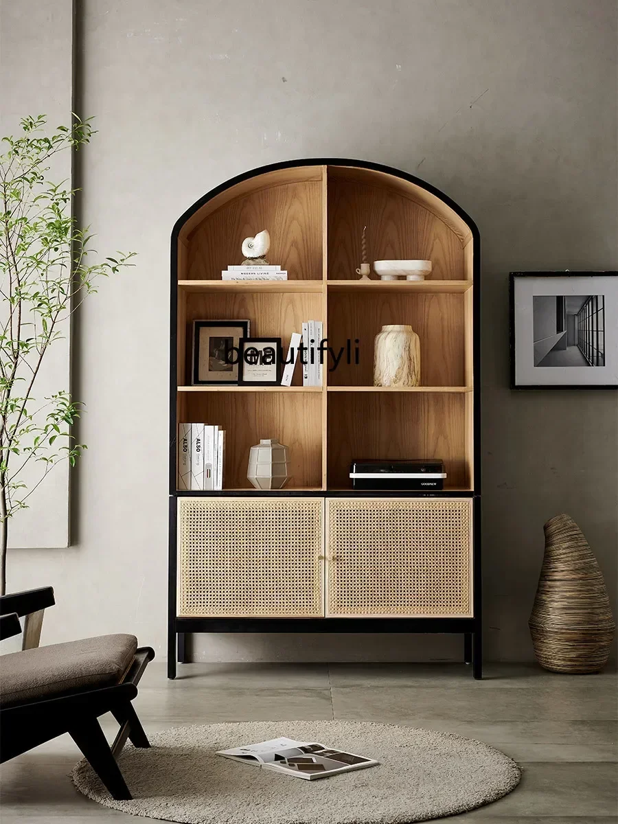 07 الشمال الرجعية خشب متين خزانة الكتب غرفة المعيشة جدار الطابق الدائمة رف الروطان خزانة عرض خزانة