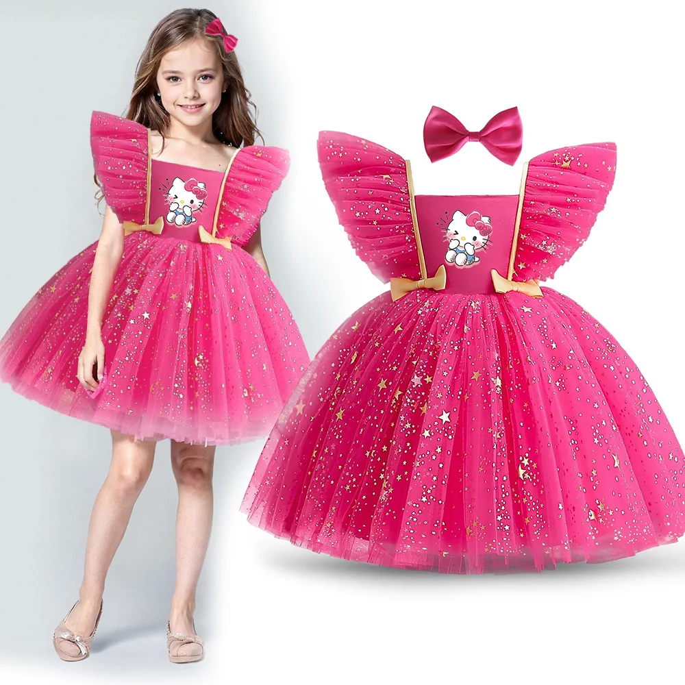 Hello Kitty Sequin Girls Dress Ruffles Elegant Toddler Kids Birthday Princess Dress 1-5 Yrs Tulle Tutu Gowns Party Baby Dresses