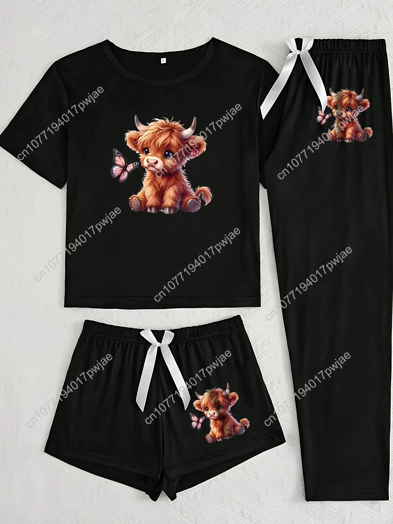 

3pcs Cartoon Highland Cow Print Short Sleeve Pajama Set for Women