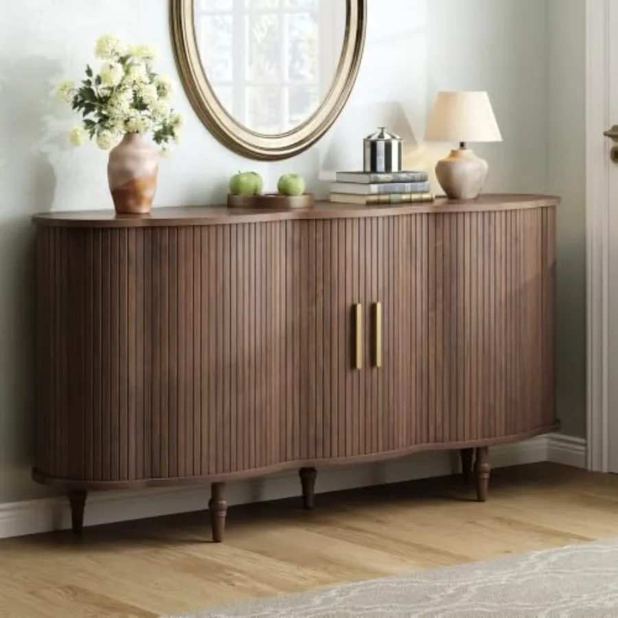 63 Fluted Sideboard Buffet Cabinet with Ample Storage for Dining Room or Living Room Walnut Finish, Elegant Vertical Grooves, S