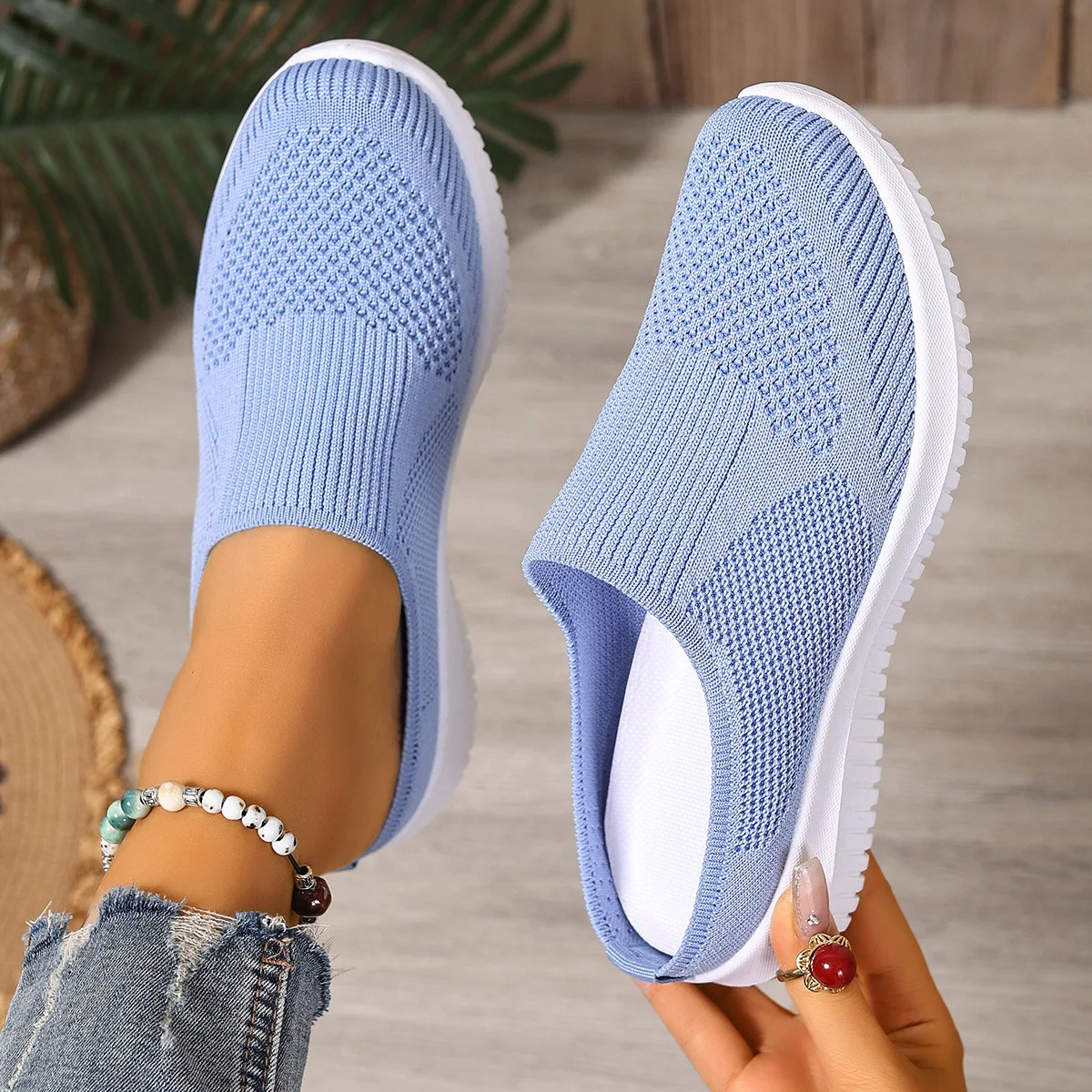 Polyester Rückenfreie Slip-On Mules für Damen, Atmungsaktiv, Rutschfest, Weiche EVA-Einlegesohle, Niedriger Absatz, Tägliche Geh- und Freizeitschuhe – Detail 9