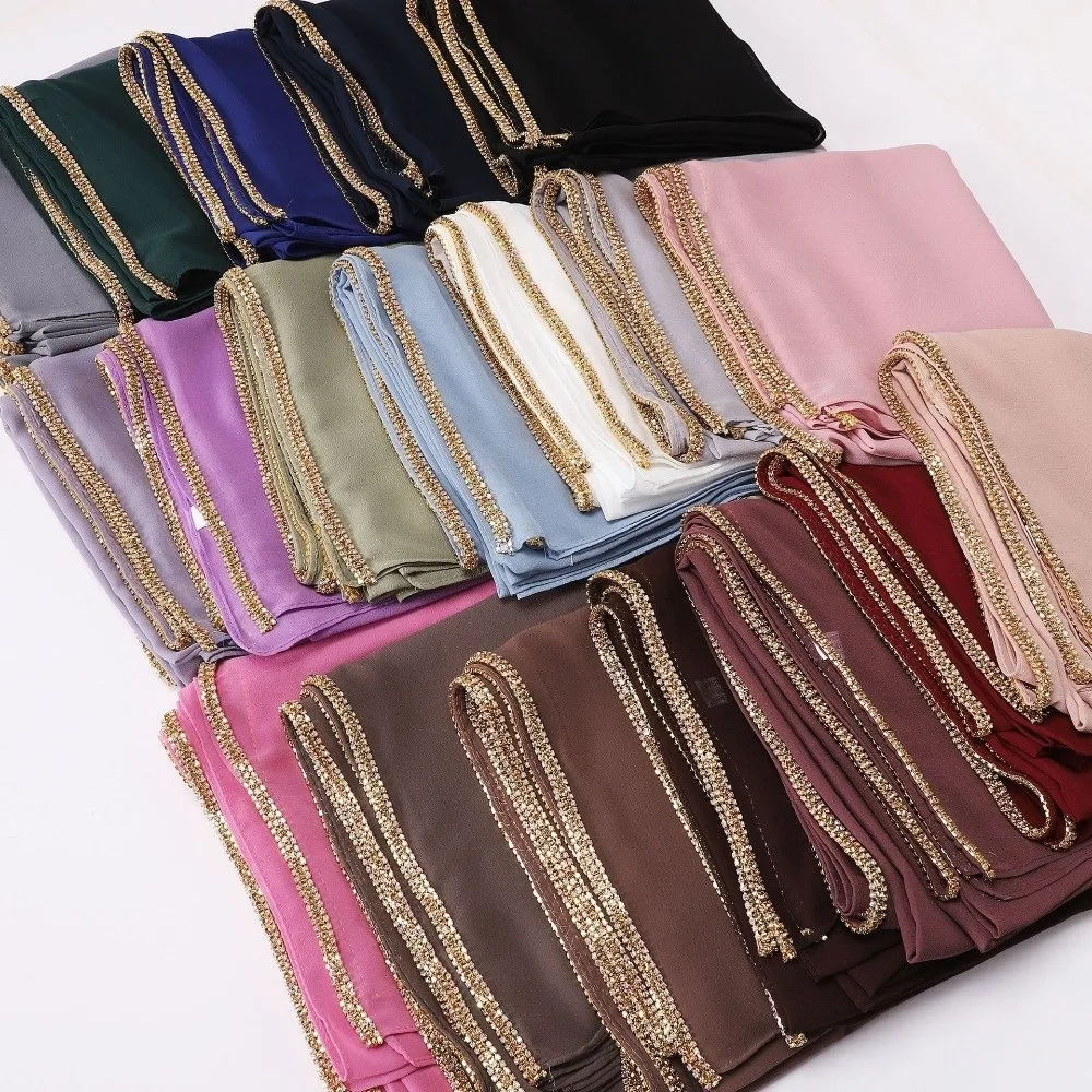 

Versatile Elegant Silk Scarf Diamond Border Design Long Sunscreen Shawl Breathable Soft Ramadan Headscarf Women Headwear