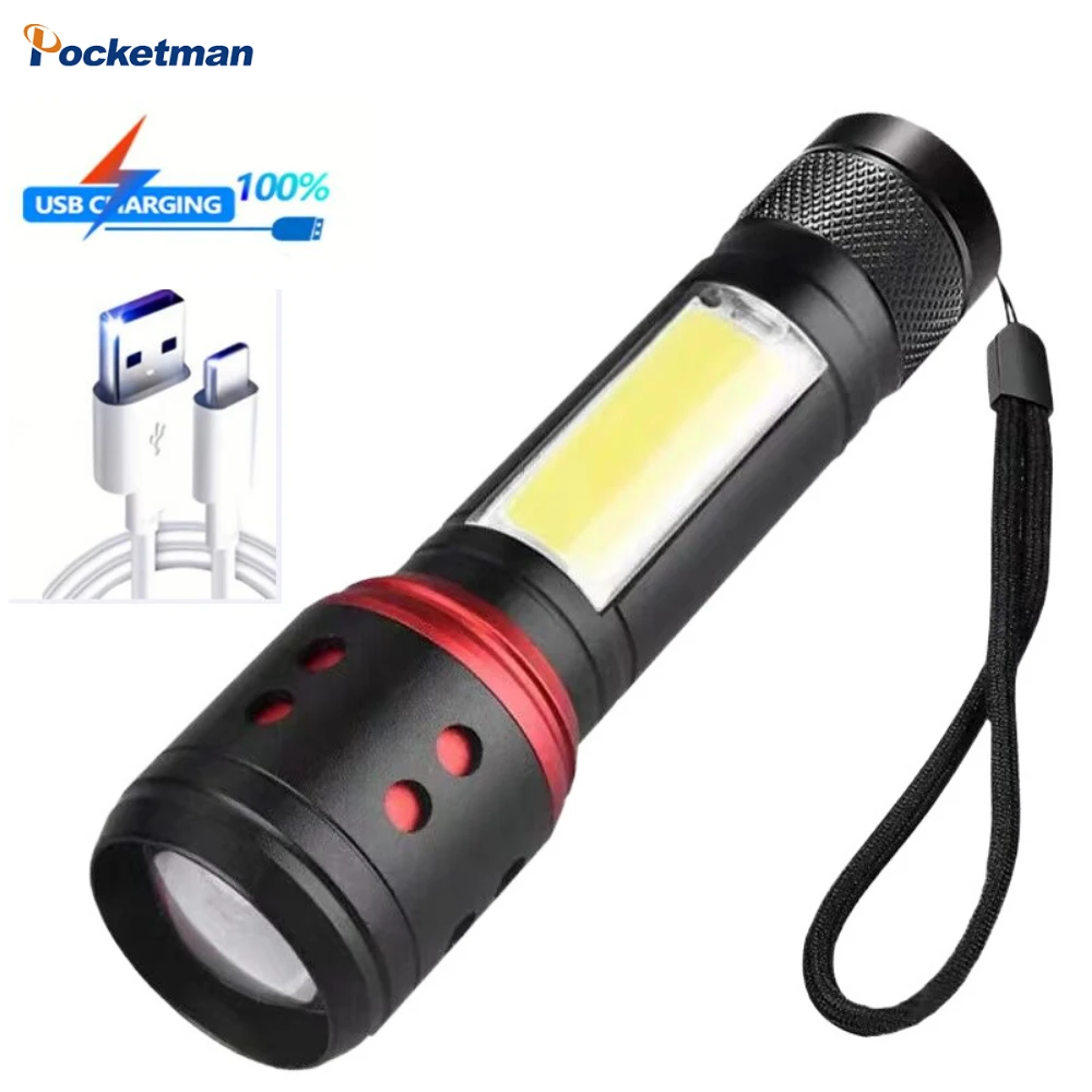 

Mini LED Flashlight Side COB Zoomable Torch 4 Modes USB Rechargable Portable Handlamp Outdoor Camping Fishing Work Light Lantern