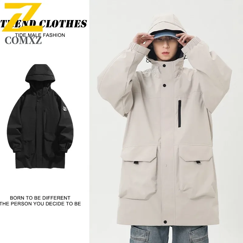 COMXZ 2025 Spring Long Workwear Jacket Men Hooded Casual Windproof Coat Trendy Mid Length Trench Coat Lightweight