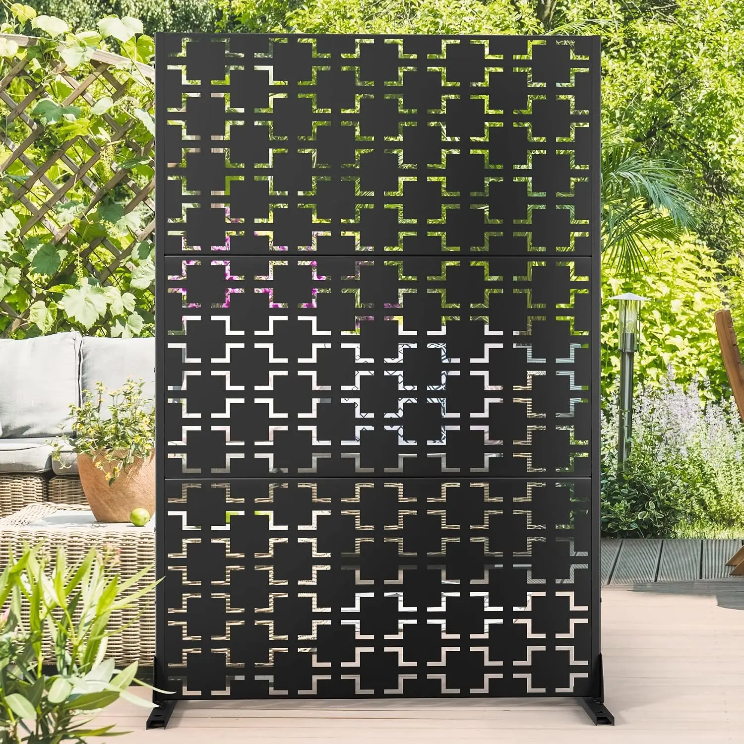 Outdoor Privacy Screen with Stand, Decorative Balcony Fence & Indoor Room Divider, Square Metal Panel, Black, Customized