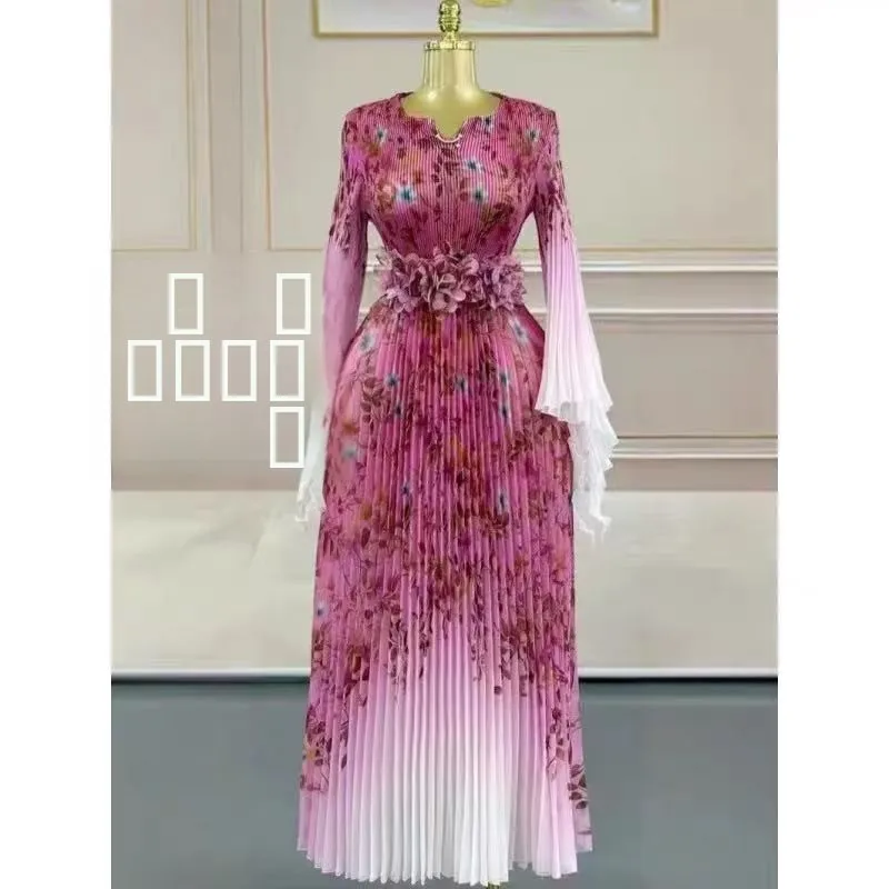 

rican Design Women's Dr with Pleats Waist Iating Flower Decoration Bell Sve Printed Skirt Ethnic Sle Stage Costume