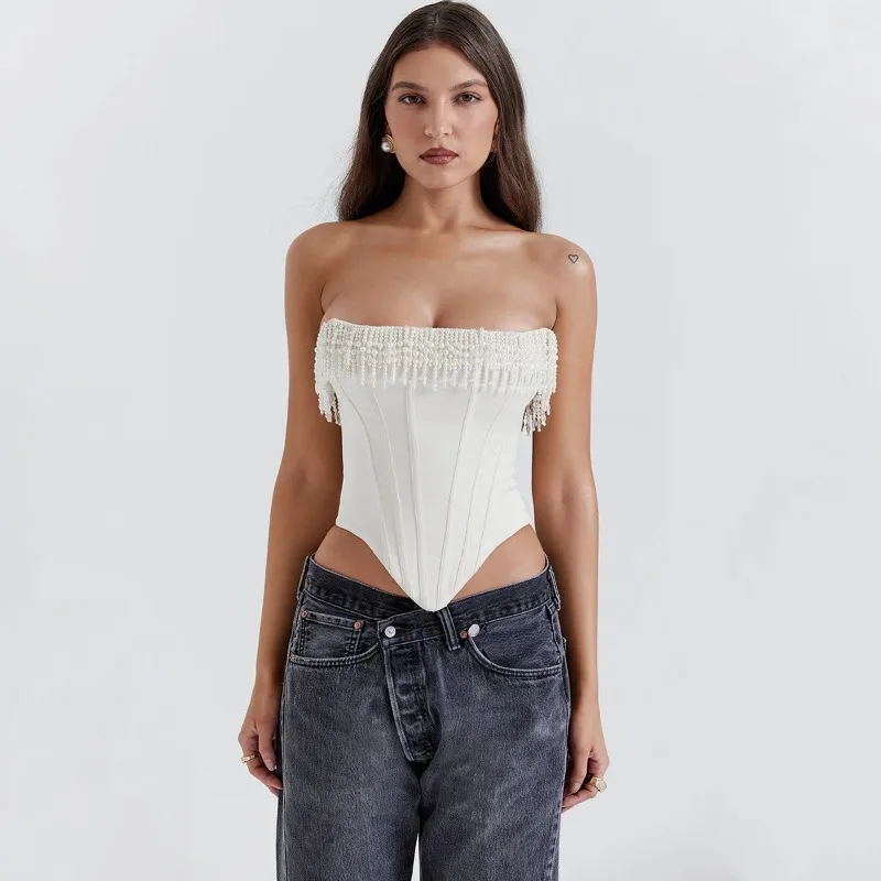 

Женский роскошный укороченный топ с бисером, сексуальный белый атласный облегающий топ без бретелек, майка для праздников и вечеринок, женская одежда