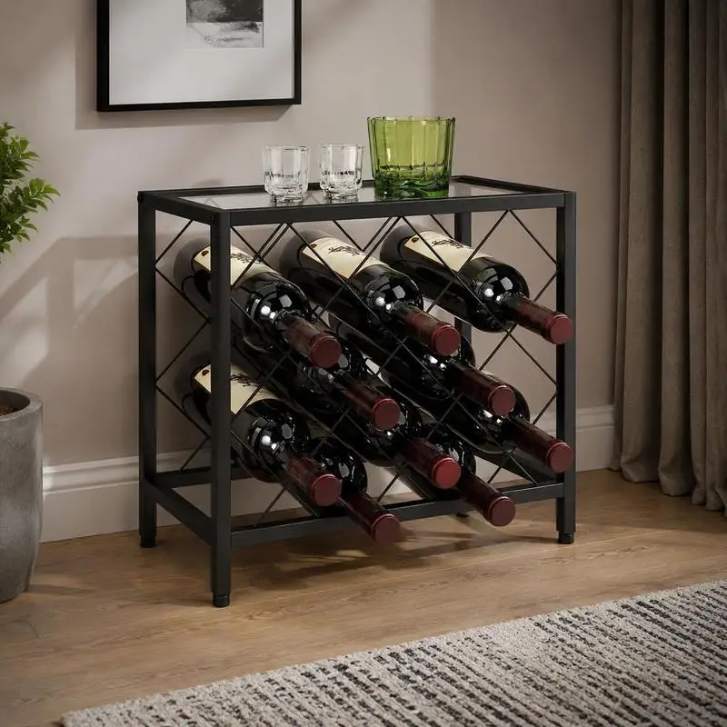 Porte-bouteilles à vin classique en acier noir mat, 41 x 22 x 41 cm, plateau supérieur en verre trempé, capacité 10 bouteilles, structure en forme de S pour la décoration intérieure du salon, de la cuisine, rangement