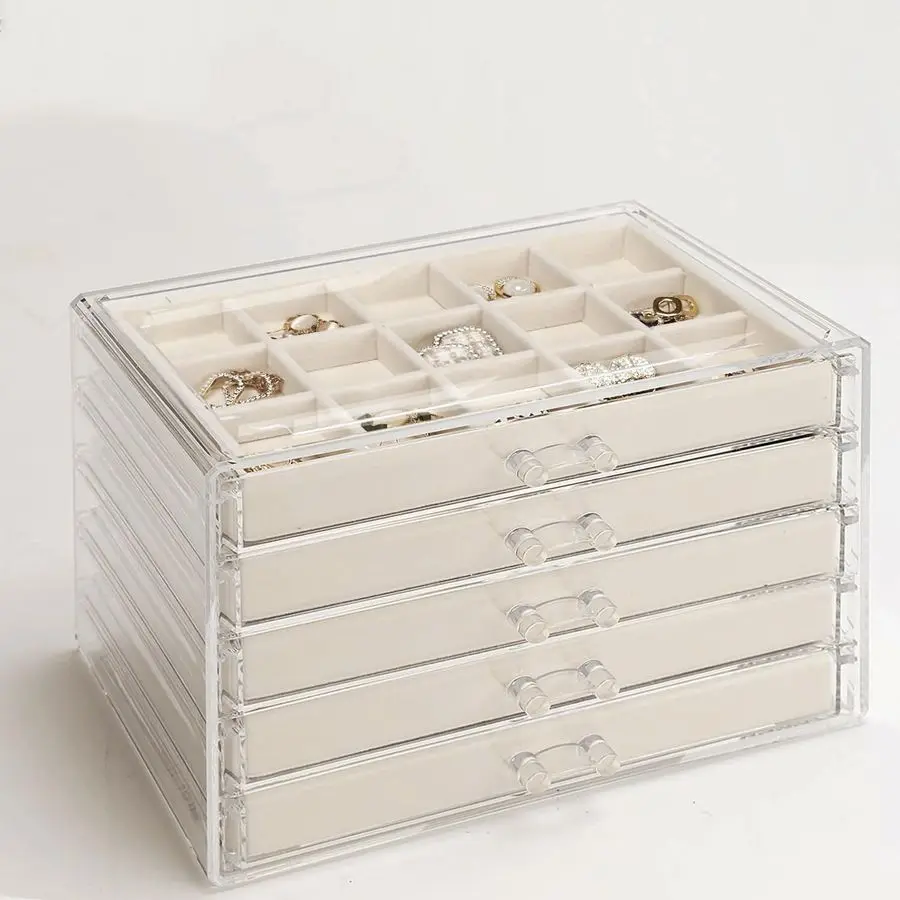 

5 Drawers Clear Jewelry Box for Women and Girls, Acrylic Earring Holder Organizer Ring Holder Display Storage, Warm White